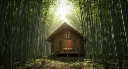 Secluded wooden cabin in dense bamboo forest with elevated porch and cushioned chairs