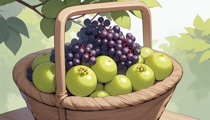 Colorful Illustration of Apples and Berries in a Rustic Basket