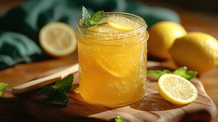 Refreshing golden beverage in a glass jar, garnished with mint and lemon, served on a rustic wooden board. A vibrant summer drink