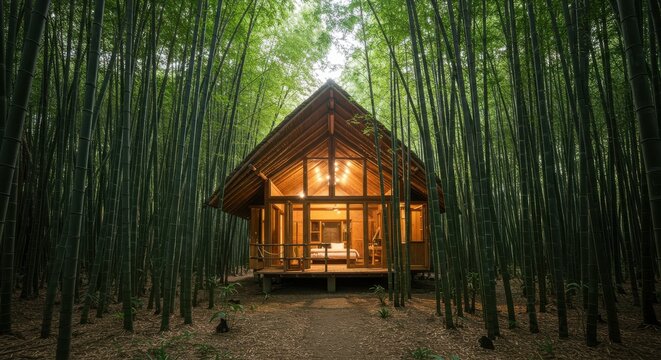 Secluded wooden cabin in a dense bamboo forest with a cozy interior - Powered by Adobe