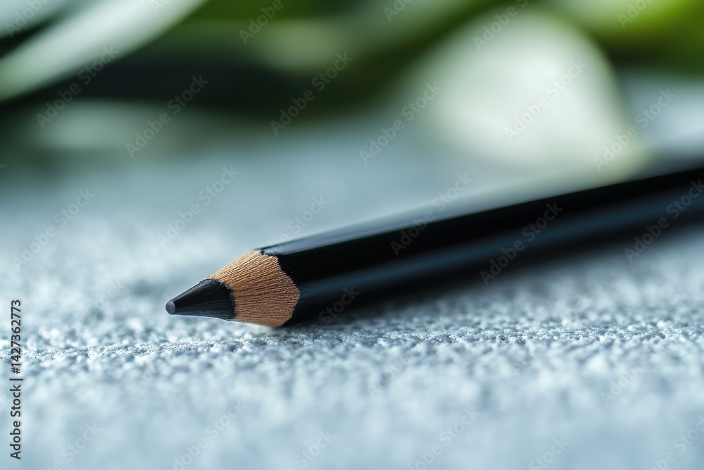 Fototapete Black pencil resting on fabric with soft green background highlighting its sharp tip and textured surface