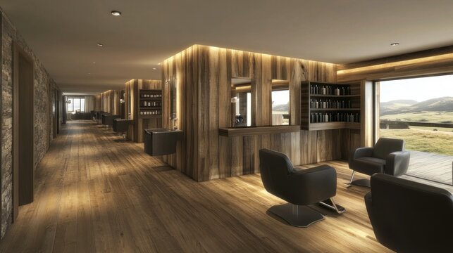 Modern, rustic hair salon interior design.