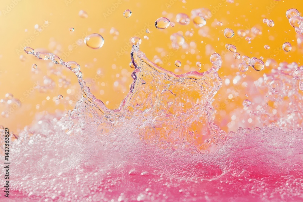 Poster bright splash of water droplets against a vibrant orange and pink background creating a lively and e