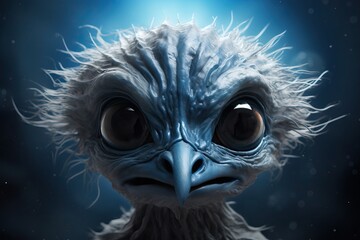 Alien creature portrait with large eyes and beak-like nose on blue background. Extraterrestrial life concept. Science fiction character design for movie or video game.