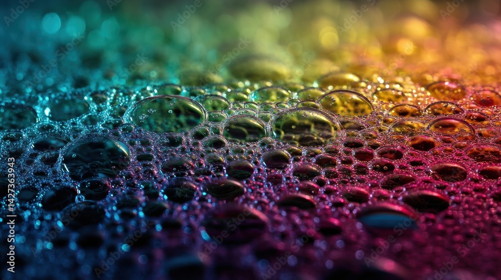 Aufkleber Macro View of Soap Foam Displaying Vibrant Color Reflections and Intricate Bubble Patterns in an Artistic Light Display