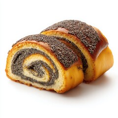 A sliced poppy seed roll with a golden crust on a white background surface