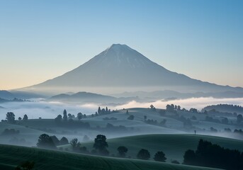 Majestic Mountain Landscape with Foggy Hills and Trees Under Blue Sky Nature Scenery Photography.