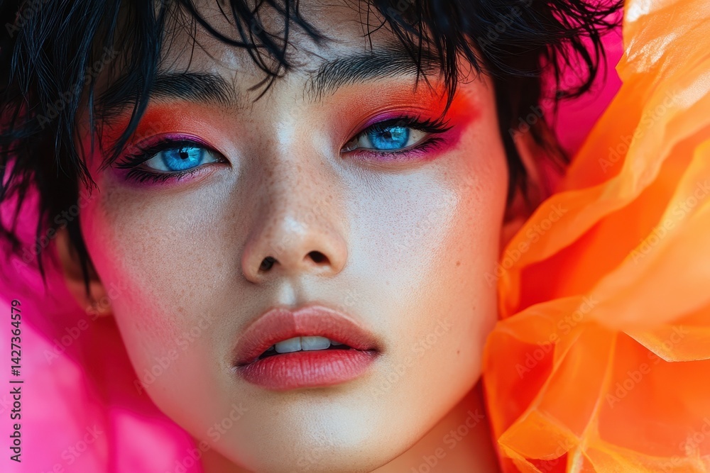 Poster Vibrant makeup portrait of a model showcasing bold colors and striking features against a colorful backdrop in a studio setting