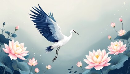 Obraz premium Crane in Floral Paradise: A graceful crane takes flight amidst a serene scene of water lilies, their pink petals softly blooming on the water's surface, evokes tranquility and harmony. 