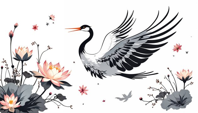 Zen-Inspired Crane in Flight: A serene, illustrative artwork depicting a graceful crane in mid-flight, its wings spread amidst delicate lotus blossoms and gentle floral accents.