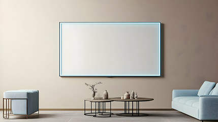 Beige Living Room With Empty Frame Tv And Blue Sofa