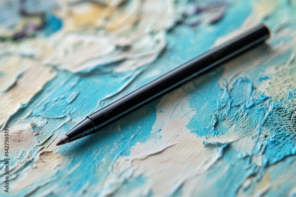 Fototapete Black pencil resting on fabric with soft green background highlighting its sharp tip and textured surface
