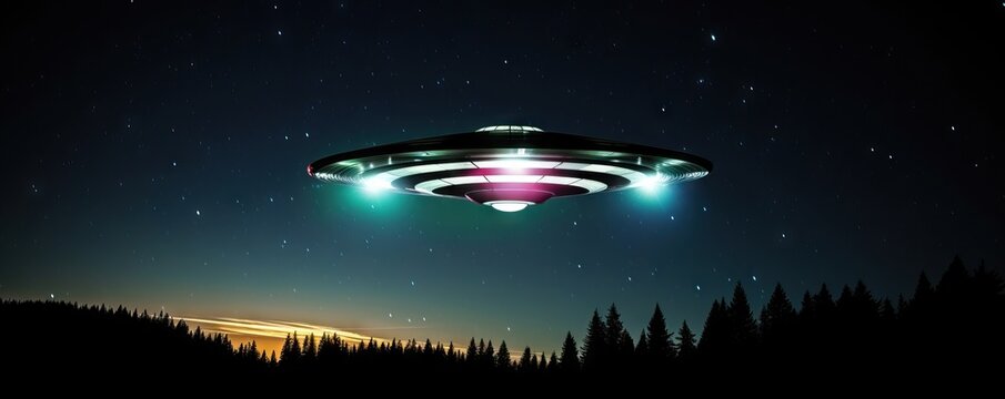 Flying saucer UFO hovering over forest at night. Alien spacecraft with glowing lights against starry sky. Extraterrestrial technology concept for science fiction story or movie poster