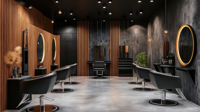 Modern salon interior design featuring dark, stylish elements.