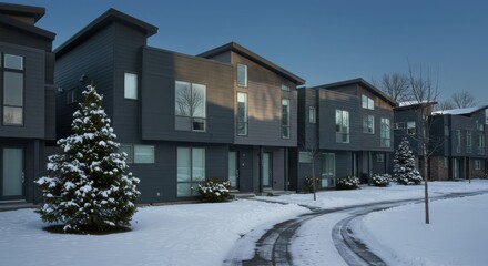 Row of modern townhouses in a snowy residential area with evergreen trees