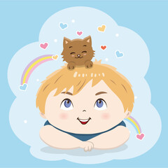Cute Boy Smiling with Cat on Head – Colorful Cartoon Illustration with Rainbows and Hearts