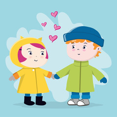 Cute Kids Holding Hands in Winter Clothes – Cartoon Friendship Illustration with Hearts