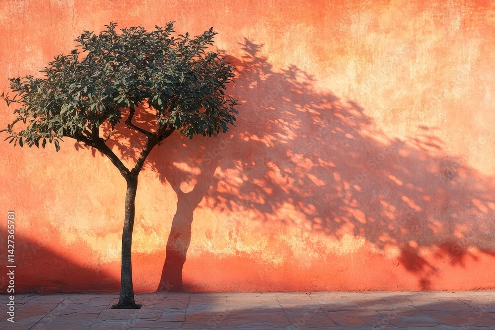 Aufkleber solitary tree casts shadows against a textured peach wall under bright sunlight in an urban setting 