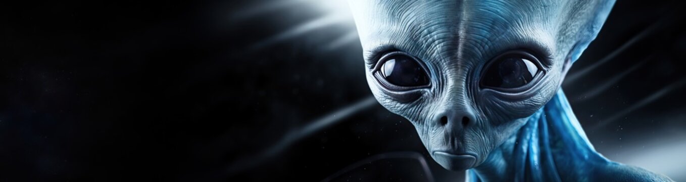 Alien face close-up with large black eyes in dark background. Extraterrestrial creature portrait. Sci-fi concept art for movie poster, book cover, or game design. UFO themed illustration.