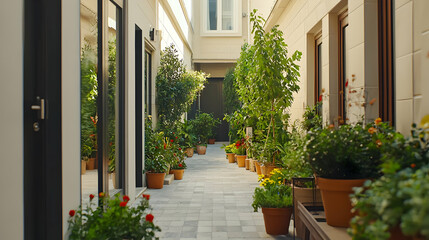 Naklejka premium Sunny Garden Alleyway With Plants And Pots