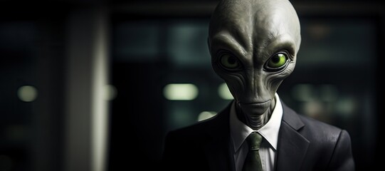 Alien in business suit with glowing green eyes. Extraterrestrial being dressed as corporate executive. Concept of otherworldly infiltration in professional settings. Sci-fi and conspiracy theory image