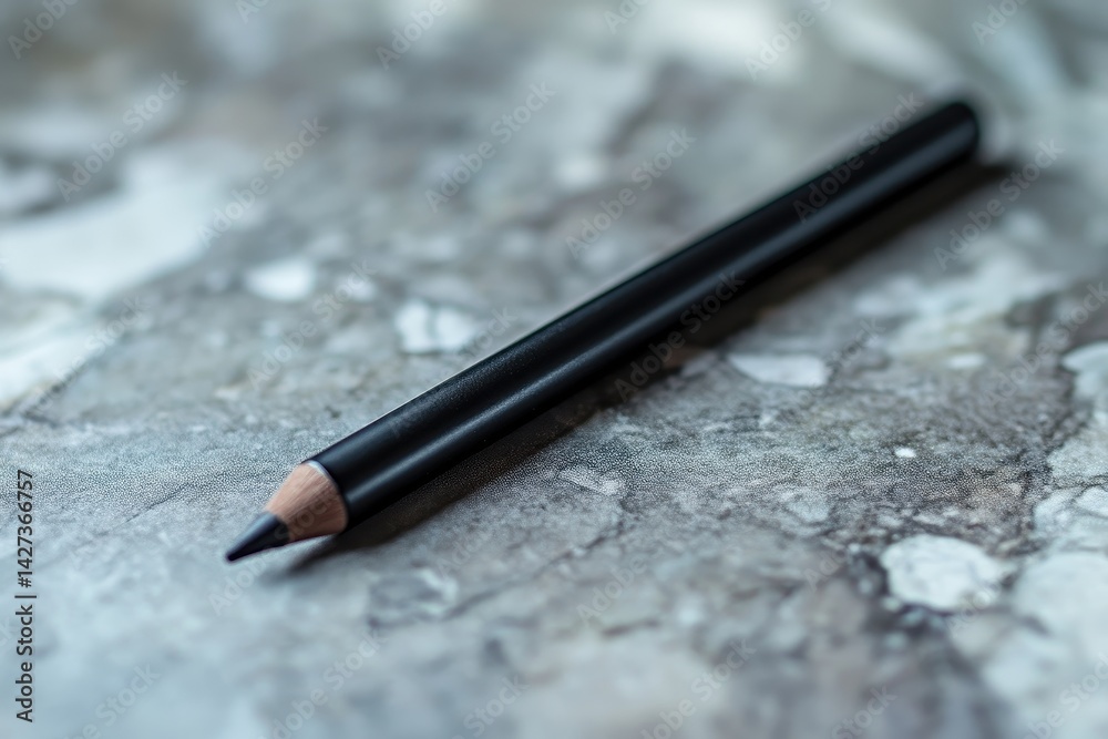 Poster Black pencil resting on fabric with soft green background highlighting its sharp tip and textured surface