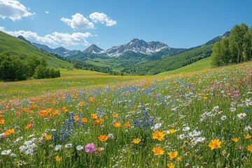 Colorful meadow wildflowers under mountains