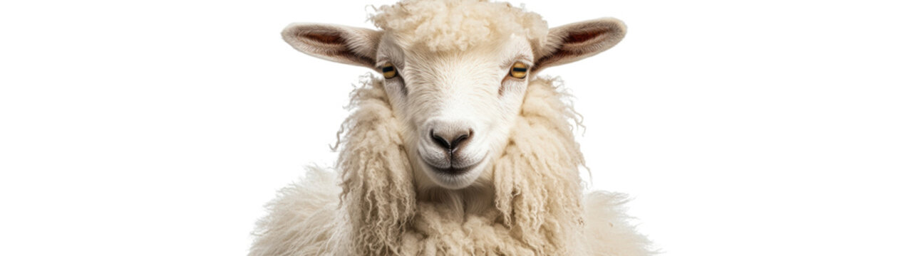 Fluffy white sheep with a calm expression.