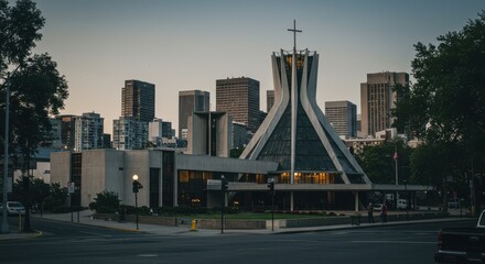 Fototapeta premium Modern church with triangular shape and glass facade at city intersection during sunset