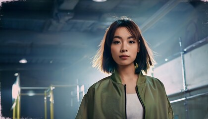 Trendy urban woman captured with direct vertical flash