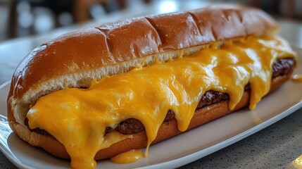 A golden, cheesy hot dog overflowing with melted cheese on a toasted bun, served on a white plate. Delicious comfort food!