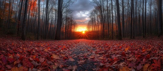 Autumn sunset path through colorful forest