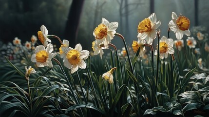Obraz premium Morning daffodils blooming natural garden realistic photograph soft light ground level floral beauty