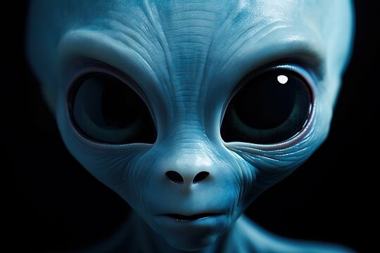 Alien face close-up on black background. Extraterrestrial portrait with large eyes. Science fiction concept for movie poster, book cover, or UFO documentary illustration