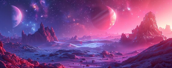 Fototapeta premium Alien planet landscape with purple mountains, glowing moons, and starry sky. Extraterrestrial world concept for science fiction book cover or game background. Futuristic cosmic scenery.