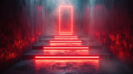 Neon Red Stairway to Mystery: A Digital Art Exploration