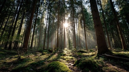 Naklejka premium Captivating sunlight filtering through treetops enchanted forest realistic photography natural setting ground level nature's beauty