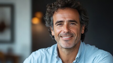 A warmly smiling man with graying hair and a light blue shirt looks directly at the camera, radiating approachable confidence
