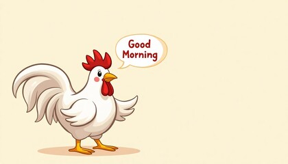 Rooster's Morning Greetings: A cheerful rooster with a vibrant red comb greets the day, its voice encapsulated in a playful speech bubble, conveying warmth and a good morning message.