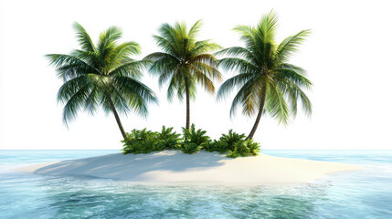 Obraz premium A small tropical island with three palm trees and lush green vegetation is surrounded by crystal-clear turquoise ocean water under a bright, sunny sky today.