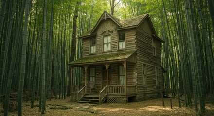 Two-story log cabin with rocking chairs on porch in dense forest