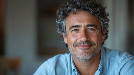 A warm, close-up portrait of a mature man with graying curly hair and a gentle, inviting gaze. He wears a light blue shirt