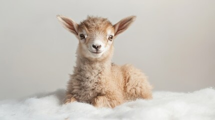 Obraz premium A cute lamb is resting on a fluffy surface, looking directly at the camera. Its soft, curly wool and adorable expression evoke feelings of tenderness and warmth.