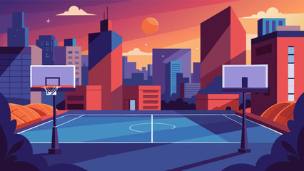 Amid the hustle and bustle of the city a lone street basketball court provides a space for players to escape and find some peace in the game.. Vector illustration