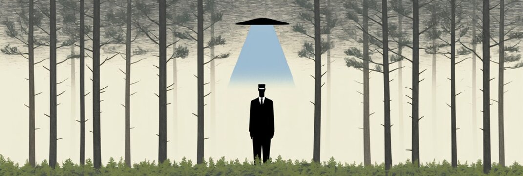 Man in suit standing in forest with ufo above. Alien abduction concept. Mysterious encounter with extraterrestrial life. Surreal sci-fi illustration for book cover or poster design.