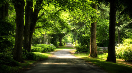 Obraz premium Sunlight Dappled Path Through Lush Green Forest