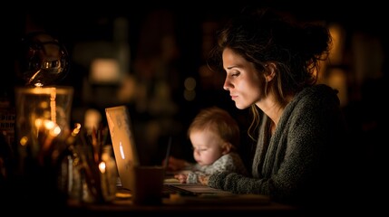 Dedicated latin mom works from home with baby cozy environment