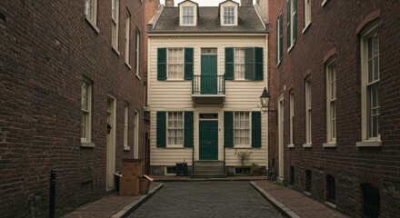 Fototapeta premium Charming two-story house at the end of a narrow cobblestone alleyway with green shutters