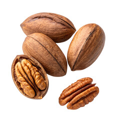Whole pecan nuts featuring natural grooves and rich brown texture, ideal for food packaging, healthy snacks, or organic ingredient visuals, isolated on transparent background.