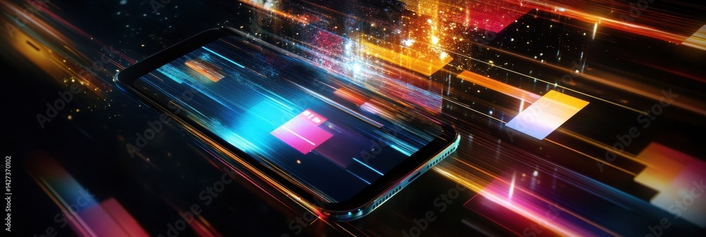 Poster Digital Streams From Smartphone Display Multimedia Elements Showcasing a Vibrant, Dynamic Interaction With Technology
